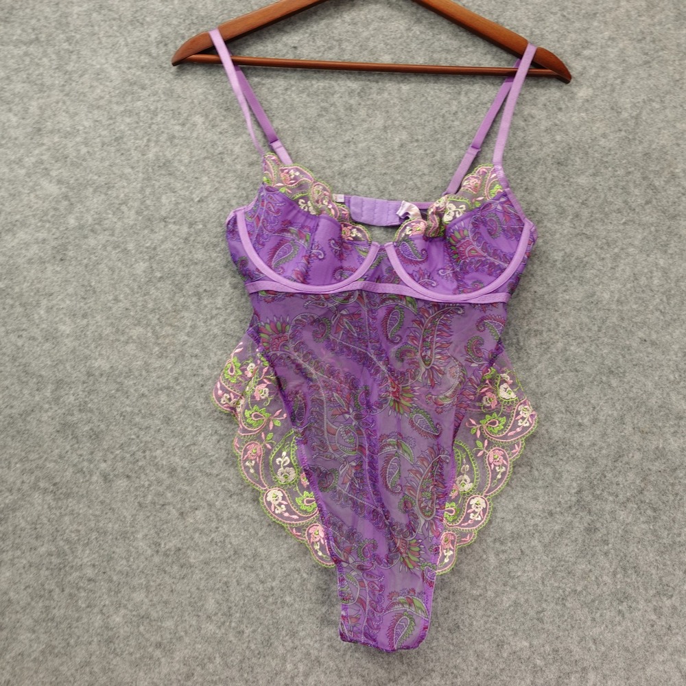 Savage X Fenty Womens Bodysuit M Purple Mesh Lace Underwire Y2K Rave Sexy Sheer - Picture 1 of 14